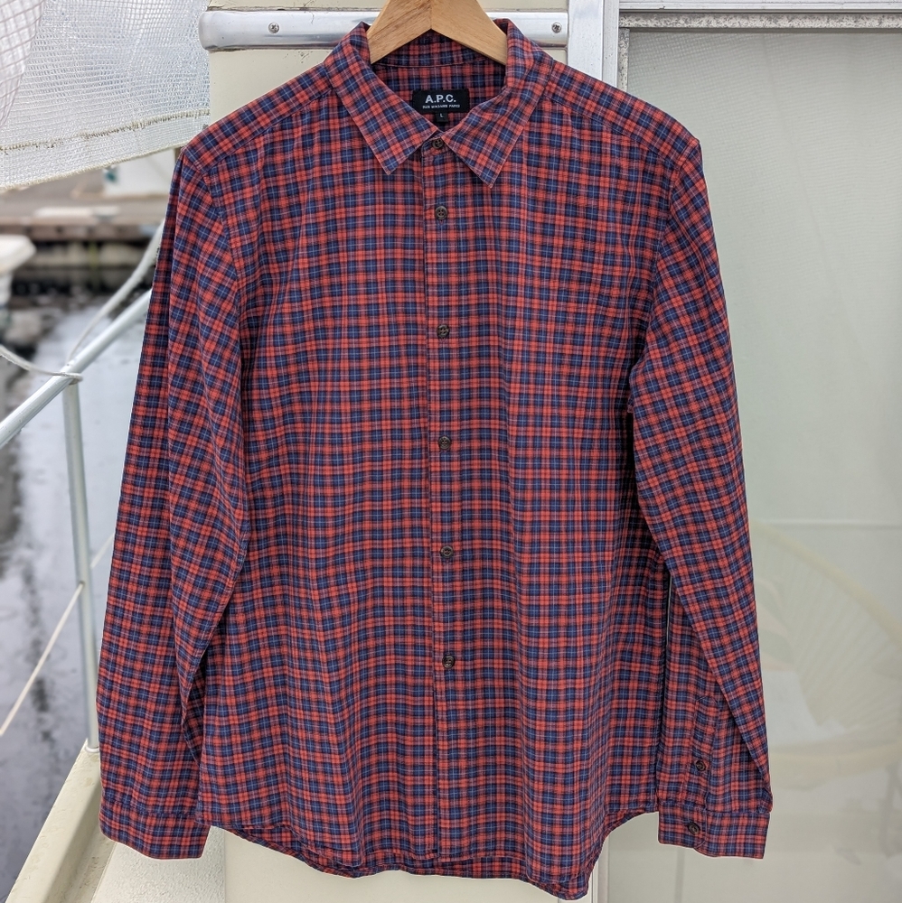 A.P.C. | Tartan Plaid Long Sleeve Button Down Top Red Blue Large Cotton